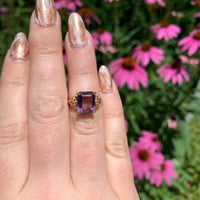 14k Rose Gold Emerald Cut Genuine Natural Amethyst Ring w/ Flowers Size 5 #J6904