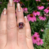 14k Rose Gold Emerald Cut Genuine Natural Amethyst Ring w/ Flowers Size 5 #J6904