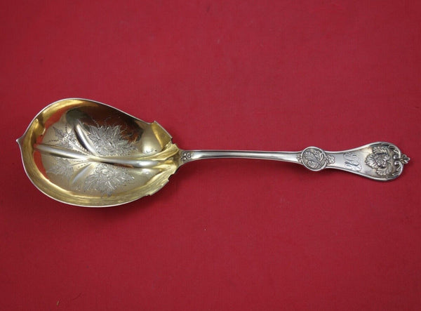 Strawberry by Durgin Coin Silver Berry Spoon GW brite-cut flowers in bowl 9 1/8"