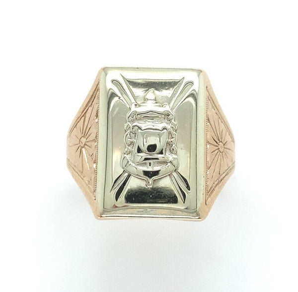 10k Yellow and White Gold Men's Ring with Crest Hand Engraved Size 9.75 (#J6353)