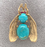 14k Yellow Gold Genuine Turquoise Bug Insect Fly Bee Pin with Ruby Eyes (#J7225)
