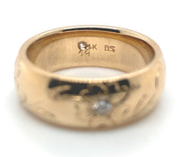 14k Gold Hand Engraved Wide Genuine Natural Diamond Wedding Band 5.75 (#J6914)