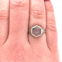 10k White Gold Hexagon Moss Genuine Natural Agate Filigree Ring (#J5749)