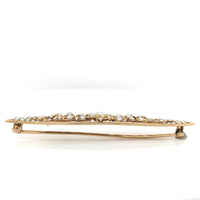14k Yellow Gold Victorian Seed Pearl Flower Bar Pin with Applied Leaves (#J6738)