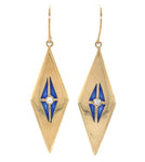 14k Yellow Gold Plique-A-Jour Blue Enamel Genuine Diamond Drop Earrings (#J7363)