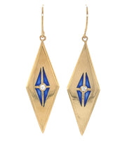 14k Yellow Gold Plique-A-Jour Blue Enamel Genuine Diamond Drop Earrings (#J7363)