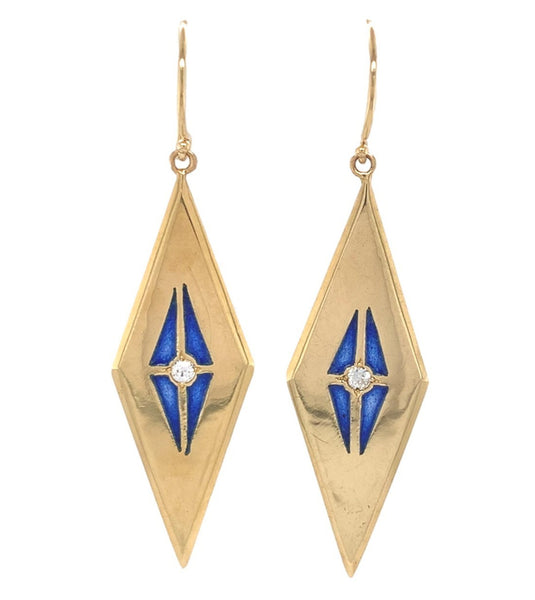 14k Yellow Gold Plique-A-Jour Blue Enamel Genuine Diamond Drop Earrings (#J7363)