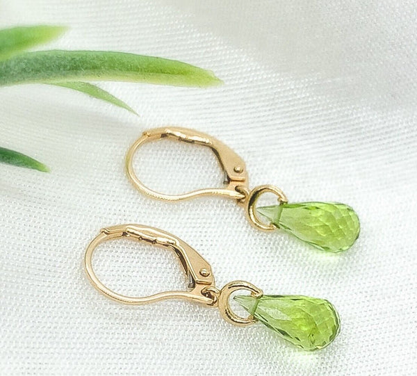 14k Gold 3.09 Carat TW Genuine Natural Peridot Briolette Drop Earrings (#J7132)
