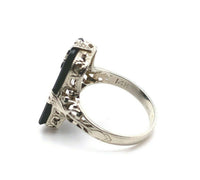 14k White Gold Art Deco Genuine Natural Black Onyx Ring w/Carved Flower (#J5413)