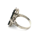 14k White Gold Art Deco Genuine Natural Black Onyx Ring w/Carved Flower (#J5413)