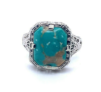 Art Deco 14k White Gold Genuine Natural Turquoise Filigree Ring (#J5216)