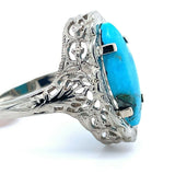 14k Gold Art Deco Genuine Natural Turquoise Marquise Filigree Ring (#J5187)