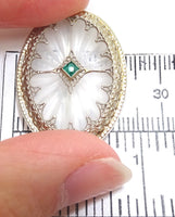 14K White Gold Art Deco Crystal Quartz Brooch with Lab-Created Emerald (#J110)