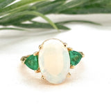 14k Yellow Gold 2.24 Carat Genuine Natural Australian Opal Emerald Ring (#7570)