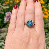 14k White Gold Filigree 3.70 Carat Teal Blue Genuine Natural Zircon Ring #J6922