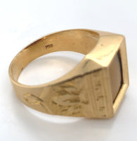 18k Gold Hand Engraved Men's Genuine Natural Tiger's Eye Quartz Ring (#J6219)
