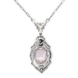 Art Deco 10k White Gold Filigree Pendant Necklace with Pink Stone (#J7357)