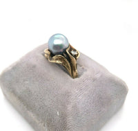 14k Yellow Gold Blue Akoya Pearl and Diamond Ring (#J5417)