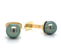 14k Yellow Gold Cufflinks with 9mm Tahitian Black Peacock Pearls (#J6426)
