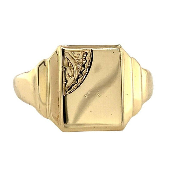 9k Yellow Gold Men's Signet Ring with Hand Engraved Detail Size 9.5 (#J6792)