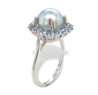 14k White Gold 9mm Blue Akoya Pearl and Aquamarine Ring Size 7 Jewelry (#J7067)