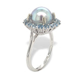 14k White Gold 9mm Blue Akoya Pearl and Aquamarine Ring Size 7 Jewelry (#J7067)