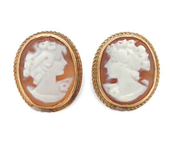 A Pair of 9k Yellow Gold Genuine Natural Shell Cameo Earrings Beaded Edge #J6896