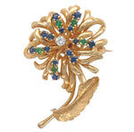14k Gold Genuine Diamond Sapphire Emerald Flower Pin by Dan Frere (#J7040)