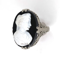 18k White Gold Art Deco Filigree Genuine Natural Stone Cameo Ring (#J6214)