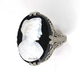 18k White Gold Art Deco Filigree Genuine Natural Stone Cameo Ring (#J6214)