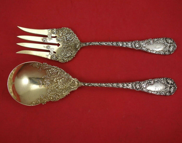 Chrysanthemum by Durgin Sterling Silver Salad Serving Set 2pc Gold Washed 9"