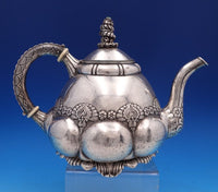 Hungarian 935 Silver Tea Set 4pc Art Deco Hand Hammered w/ Stone Finial (#8314)