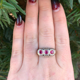 Art Deco Filigree 14k Gold Three Stone .80ct TW Genuine Natural Ruby Ring #J6390