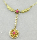 14k Gold Victorian Lavaliere Necklace Red Paste/Glass Stones Seed Pearls #J4514