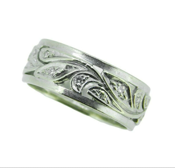 14k White Gold Carved Wide Eternity Band with Genuine Natural Diamonds (#J2260)