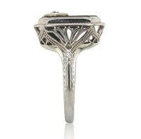 18k Gold Filigree Genuine Natural Black Onyx Ring with Corner Diamond (#J6613)