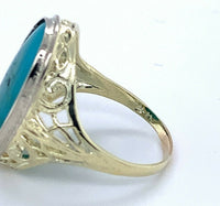 14k Yellow Gold Art Deco Teal Genuine Natural Turquoise Filigree Ring (#J5198)