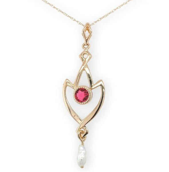 10k Gold Lavaliere with Pearl Drop and Red Glass Accent with 14k Chain (#J6678)