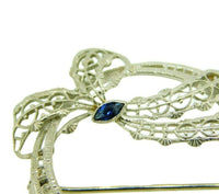 10k Gold Art Deco Filigree Brooch Pin Ribbon Bow w/Lab-Created Sapphire (#J1645)