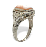 Art Deco 14k White Gold Filigree Genuine Natural Shell Cameo Ring (#J7064)