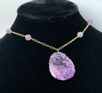 14k Yellow Gold Art Deco Chinese Export Carved Natural Amethyst Pendant (#J5373)
