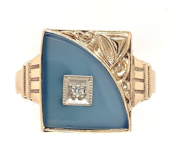 10k Gold Men's Ring w/ Genuine Natural Blue Onyx and Diamond NOS Size 8 (#J6629)