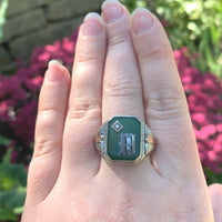 10k Gold Green Genuine Natural Onyx / Chrysoprase Men's Ring with Mono (#J6217)