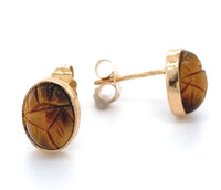 14k Gold Earrings w/ Scarab Carved Genuine Natural Tiger's Eye Quartz (#J6685)