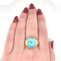 10k Yellow Gold 3.66ct Men's Cabochon Genuine Natural Turquoise Ring (#J6133)