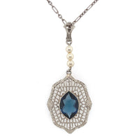 10k White Gold Filigree Art Deco Pendant with Original Paperclip Chain (#J6201)