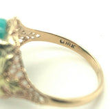 10k Yellow Gold Vintage Genuine Natural Turquoise Ring Applied Flowers (#J5213)