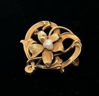 10k Yellow Gold Art Nouveau Watch Pin Flower with Pearl (#J5466)