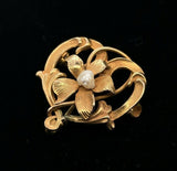 10k Yellow Gold Art Nouveau Watch Pin Flower with Pearl (#J5466)
