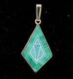 14k Yellow Gold Genuine Malachite Opal Turquoise Inlay Intarsia Pendant (#J7436)